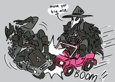 an image of two people riding in a pink car and one is wearing a witch hat