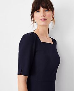 Elevate your wardrobe with the Petite Elbow Sleeve Square Neck Dress from Ann Taylor, a must-have piece that blends timeless elegance with modern sophistication. Perfect for any season, this dress is your go-to for a polished look.

- Size: Petite 00
- Color: Deep Navy Sky
- Gender: Female
- Material: 68% Polyester, 29% Viscose, 3% Spandex; Lining: 100% Polyester
- Fit: Tailored fit
- Length: Hits at knee, 22" from natural waist
- Features: Square neck, elbow sleeves with inverted pleat sleeve c Navy Blue Sheath Dress, Pleat Sleeve, Sky Dress, Rehearsal Dinner Dresses, Knitted Suit, Pleated Sleeves, Square Neck Dress, Neck Stretches, Corporate Business