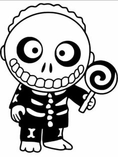 a cartoon skeleton holding a lollipop in its hand and looking at the camera