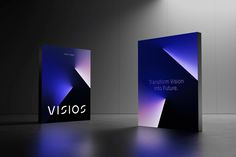 two boxes with the word vision on them are shown in front of a dark background