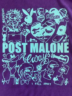 a purple shirt with the words post malone and many other stickers on it