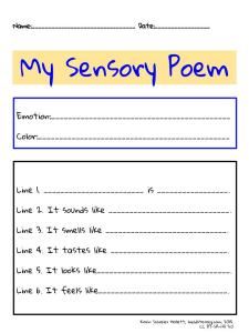 a poem with the words my sensory poem written in blue and yellow on it