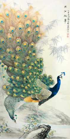 two peacocks are standing in front of a painting