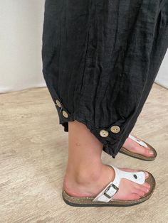 Italian, Linen Pants with button accent at hem, great summer pieces, this pants come in two colors, olive and black, one size fits most, very comfortable and classy. 100% Linen. Linen Pants Style, Summer Pieces, Black Camel, Birkenstock Mayari, Pants Style, Gucci Black, Birkenstock Gizeh, Linen Pants, Lightweight Fabric