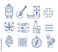 various blue and white symbols on a white background