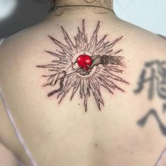 the back of a woman's shoulder with tattoos on it