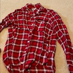 Very Comfy And Perfect To For Fall And Winter. Size Says Xs, Fits Like A Small. Never Worn Casual Red Shirt For Day Out, Red Flannel Shirt, Hollister Cardigan, Red Plaid Flannel, Blue Plaid Shirt, Red Flannel, White Button Up, Hollister Tops, Pink Polka Dots