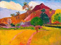 a painting of a person walking down a dirt road in front of mountains and palm trees