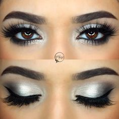 Bridal Lipstick, Glitter Makeup Tutorial, Grey Smokey Eye, Glam Eye Makeup, Grey Makeup, Eyeliner Hacks, Trendy Eyeshadow, Smokey Eyeliner, Chic Makeup