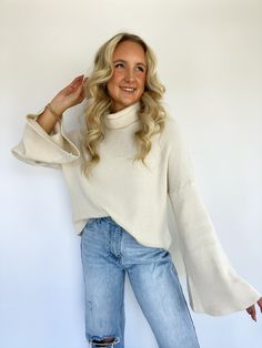 The perfect sweater to keep you cozy! This cowl neck sweater has bell style sleeves and of course gives that classic and classy look! This sweater is so soft to the touch you will never want to take it off. It comes in two colors and runs true to size. Perfect Sweater, Color Sweater, Creme Color, Bottom Jeans, Fall Inspo, Bell Sleeve Sweater, Bell Bottom, Cowl Neck Sweater, How To Look Classy