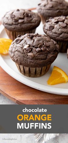 chocolate orange muffins on a white plate