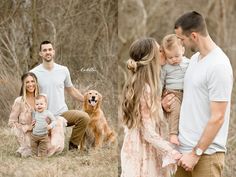 a family with two children and a dog in the woods