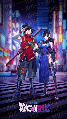 an anime poster with two people standing next to each other in front of a city at night