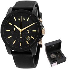 Men's Luxury Armani Exchange Gold & Black Dial Watch - Band New With Tags! - Limited Quanity -100% Authentic - Full Retail Package With All Accesories About The Watch: Dial Color: Black Water Resistance: 50 Meters / 165 Feet Case Size: 45 Mm Band Width: 22 Mm Case Diameter: 45 Mm Movement: Quartz Case Material: Stainless Steel Caseback: Solid Features: Chronograph, Date, Hour, Minute, Second Designer Black Watch Accessories With Tachymeter, Designer Black Watches With Subdials, Designer Black Analog Watches, Black Chronograph Watch With Chronometer As A Gift, Designer Black Chronograph Watch For Formal Occasions, Designer Black Chronograph Watch For Formal Events, Designer Black Watch With Analog Display, Designer Black Watch With Metal Dial, Black Watch With Tachymeter For Gift