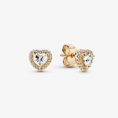 Pandora Elevated Heart Stud Earrings | Gold | 259137C01 Pandora Earrings Studs, Pandora Earrings, Pandora Gold, Charms Pandora, Classic Earrings, Heart Stud Earrings, 14k Gold Necklace, Jewelry Lookbook, Heart Studs