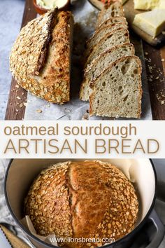 an artisan bread is cut into slices and placed in a pan