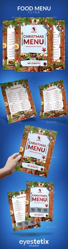 the menu for christmas dinner is shown in three different positions, including one with an image of