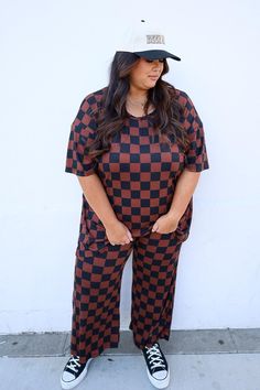 The Ace Checkered Ribbed Set - Mocha + Black This set fits true to size Stretchy, comfy, elastic waistband Oversized fit, tunic style top 1X: 12-16, 2X: 18-20, 3X: 22-24 Size up if in between sizes! Felicia is wearing the 3X, Ivy is wearing the 2X B2.3 Ribbed Set, Tunic Style Tops, Maxi Jumpsuit, Plus Size Fall, Tunic Style, Tunic Styles, Knit Sweatshirt, Oversized Fits, Outerwear Jackets