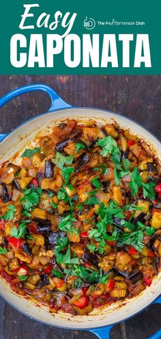 an easy and tasty caponata recipe in a blue skillet on a wooden table