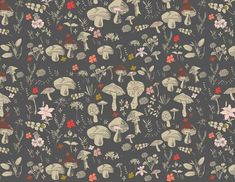 an image of mushrooms and flowers on a gray background