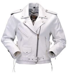 White Leather Motorcycle Jacket w/Side Lace #L6027LW White Bike, White Motorcycle, Motorcycle Jacket Women, White Leather Jacket, Womens Biker Jacket, Motorcycle Leather, Leather Hats, Leather Shirt, Lady Biker