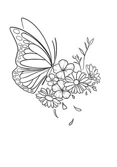 a black and white drawing of a butterfly with flowers in it's beaks