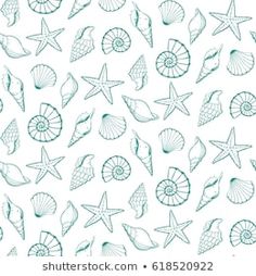 sea shells and starfishs are drawn in blue ink on a white paper background