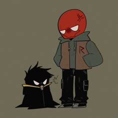 a cartoon character standing next to a black cat