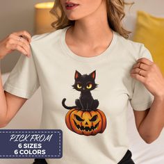 Looking for the perfect Halloween Cat Shirt? Our Pumpkin Cat Tees are super soft, comfortable to wear, and fit like a well-loved favorite. All orders ship within 1-3 days and are backed by our 100% Product guarantee. ✅ SHIRT FEATURES - Super Soft Feel - Crisp Graphic Print - Beautiful Halloween Design - True Fit Wear - Eco-Friendly Process - Product Guarantee 📦 PROCESSING & SHIPPING All apparel ships within 1-3 days and takes another 1-4 days in transit. Your shirt will be there before you know it! Free shipping on all orders over $35 or more shipped to a single U.S. address after promotions and discounts are applied. No promo code is needed. 📏 SHIRT SIZING You can now choose between 6 colors and 6 sizes: - XSmall: 16.5IN (width) x 27.0IN (length) - Small: 18.0IN (width) x 28.0IN (length Spooky Black T-shirt With Cat Print, Halloween Black T-shirt With Cat Design, Black Halloween T-shirt With Cat Design, Spooky Halloween T-shirt With Cat Design, Spooky Black T-shirt With Cat Design, Cute Fall Shirt, Beautiful Halloween, Pumpkin Cat, Cat Pumpkin