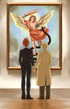 two people standing in front of a painting with an angel on it's back