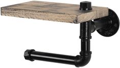 a wooden shelf with two black pipe holders on the top and an iron pipe holder below it