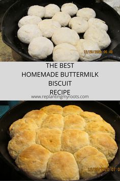 the best homemade buttermilk biscuit recipe in a cast iron skillet and before and after it has been cooked