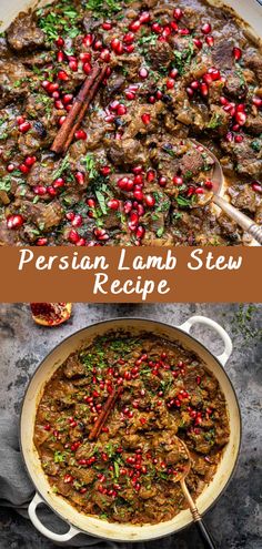 the recipe for persian lamb stew is shown in two different pictures and has red berries on it