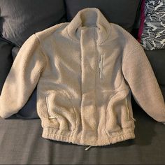 New Lovers + Friends Zip Front Jacket In Beige Size Xs But Fits Pretty Oversized Because Of The Style Beige Fleece Jacket With Pockets For Cold Weather, Cozy Beige Fleece Jacket With Pockets, Shaggy Sweater, Black Faux Fur Jacket, Brown Zip Ups, Faux Shearling Jacket, Teddy Jacket, Teddy Coat, Sherpa Jacket