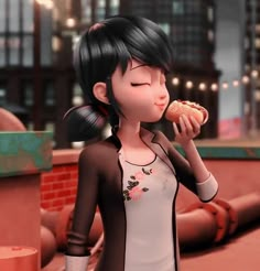 an animated woman eating a donut in the city