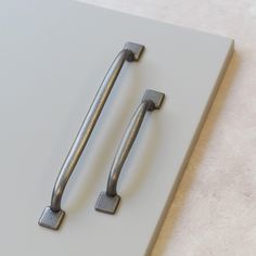 two metal handles on a white surface