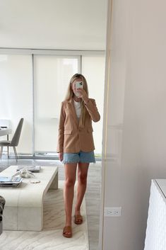 capsule wardrobe, petite blazer, leather sandals, blazer and denim look, how to style a white tee, longer denim shorts, blazer and shorts, camel color jacket Blazer And Shorts