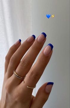 blue frecnh tip nails acrylic nails Solid Nails With One French Tip, French Nails With Ring Finger Design, Mail Inspo Square Short, Short Colored French Nails, Mail Colors For Light Skin, Blue French Tip Natural Nails, Blue French Tip Nails Squoval, Half N Half Nails, Short Acrylic Nails Aesthetic