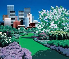 a painting of a city park with trees, bushes and flowers in the foreground