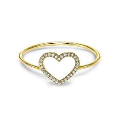 This playful cut-out heart ring is crafted from 14kt polished Yellow Gold and set with round-cut diamonds. Total diamond weight is .05 ctw. RG10040 Luxury Yellow Gold Heart-shaped Rings, Valentine's Day Single Diamond Ring In Fine Jewelry Style, Diamond Heart Ring With Pave Setting For Valentine's Day, Fine Jewelry Heart Shaped Single Diamond Ring, Heart Shaped Single Diamond Ring Fine Jewelry, Heart Shaped Single Diamond Fine Ring, Heart Shaped Single Diamond Ring, Heart Cut Diamond Rings With Single Cut Diamonds, Valentine's Day Diamond Heart Ring With Pave Setting