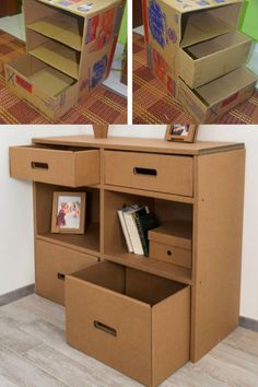 cardboard boxes are stacked on top of each other in front of a desk with drawers