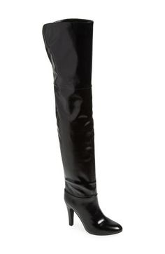 An almond toe and tapered heel balance a striking boot fashioned in an over-the-knee silhouette for statement-making appeal. 3 3/4" heel (size 8.5) 25" shaft; 15 1/4" calf circumference Pull-on style Synthetic upper/leather and textile lining/synthetic sole Imported Elegant Over-the-knee Boots For Night Out, Evening Fitted Heeled Boots With Stacked Heel, Sleek Over-the-knee Party Boots, Fitted Black Knee-high Boots With Sculpted Heel, Chic Fitted Knee-high Boots With Stacked Heel, Sleek Knee-high Boots For Night Out In Fall, Chic Thigh High Leather Boots, Sleek Knee-high Boots For Fall Night Out, Chic Thigh-high Leather Boots