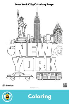 Advanced new york city-themed coloring page for kids ages 7 and up. Featuring: Nyc, new york city New York Coloring Pages, Elementary School Craft, New York Drawing, Merry Christmas Coloring Pages, New York Theme, Crafts And Activities For Kids, New York Graffiti, Maker Space, New York City Skyline