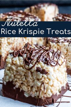 rice krispie treats with chocolate drizzled on top and text overlay