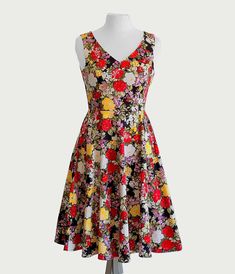 Black Garden Floral Swing Dress – Unique Vintage Date Dress, Creative Clothing, Fit And Flare Skirt, Date Dresses, 1950s Fashion, Unique Dresses, Rose Garden, Dress With Pockets, Plus Size Dress