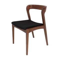 an image of a wooden chair with black seat pad and back cushion on white background