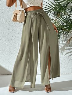 Green Boho Collar  Fabric Plain Wide Leg Embellished Non-Stretch  Women Bottoms Trousers Pattern, Womens Trendy Dresses, 60 Fashion, Fashion Catalogue, Causual Outfits, Dress Shirts For Women, Loose Pants, Type Of Pants, Elegant Outfit