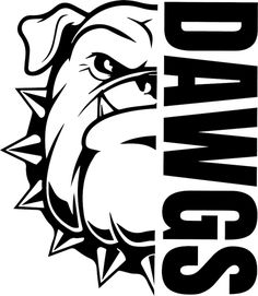 an angry bulldog head with the word dawgs on it