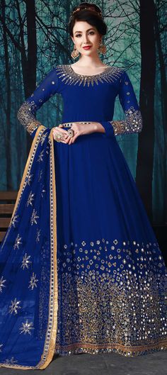 Bridal, Engagement, Mehendi Sangeet Blue color Salwar Kameez in Georgette fabric with Abaya, Anarkali Mirror work : 1583233 Embroidered Suits, Georgette Anarkali Suits, Floor Length Anarkali, Long Anarkali, Designer Anarkali Suits, Gaun Fashion, Designer Anarkali, Anarkali Gown, Anarkali Suit