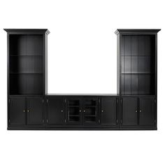 a black entertainment center with two doors and three shelves on each side, in front of a white background